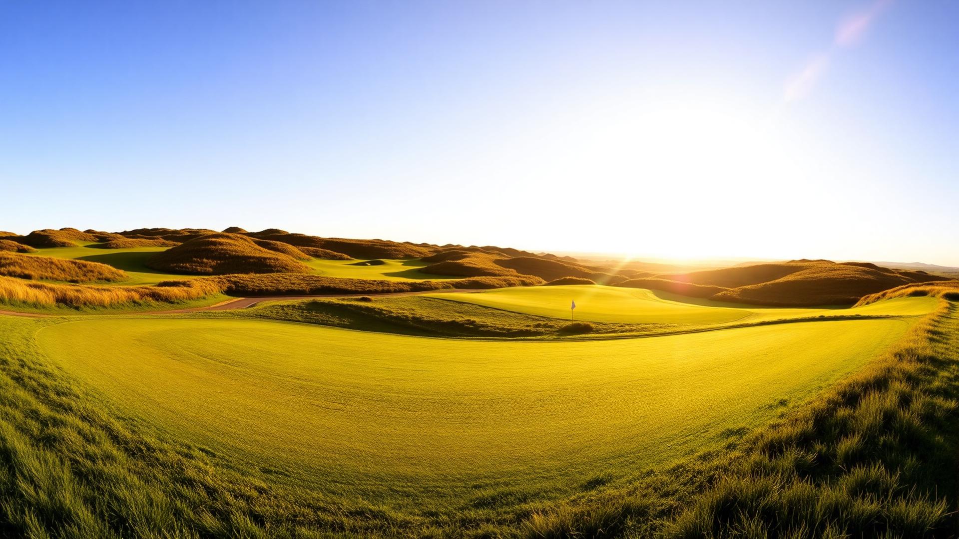 Links golf course fairway at sunrise