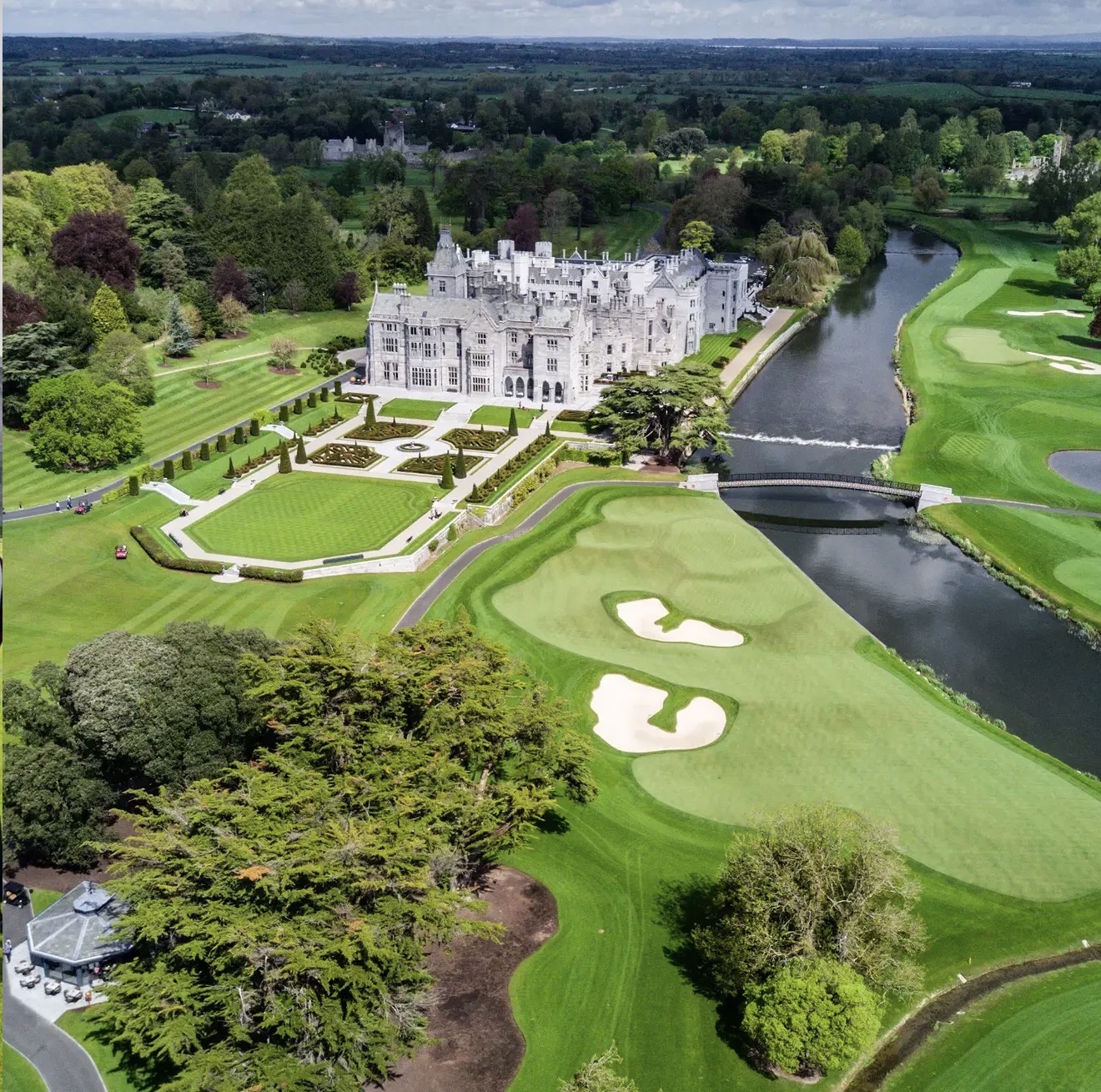 Aerial view of Adare Manor and its parkland golf course in County Limerick